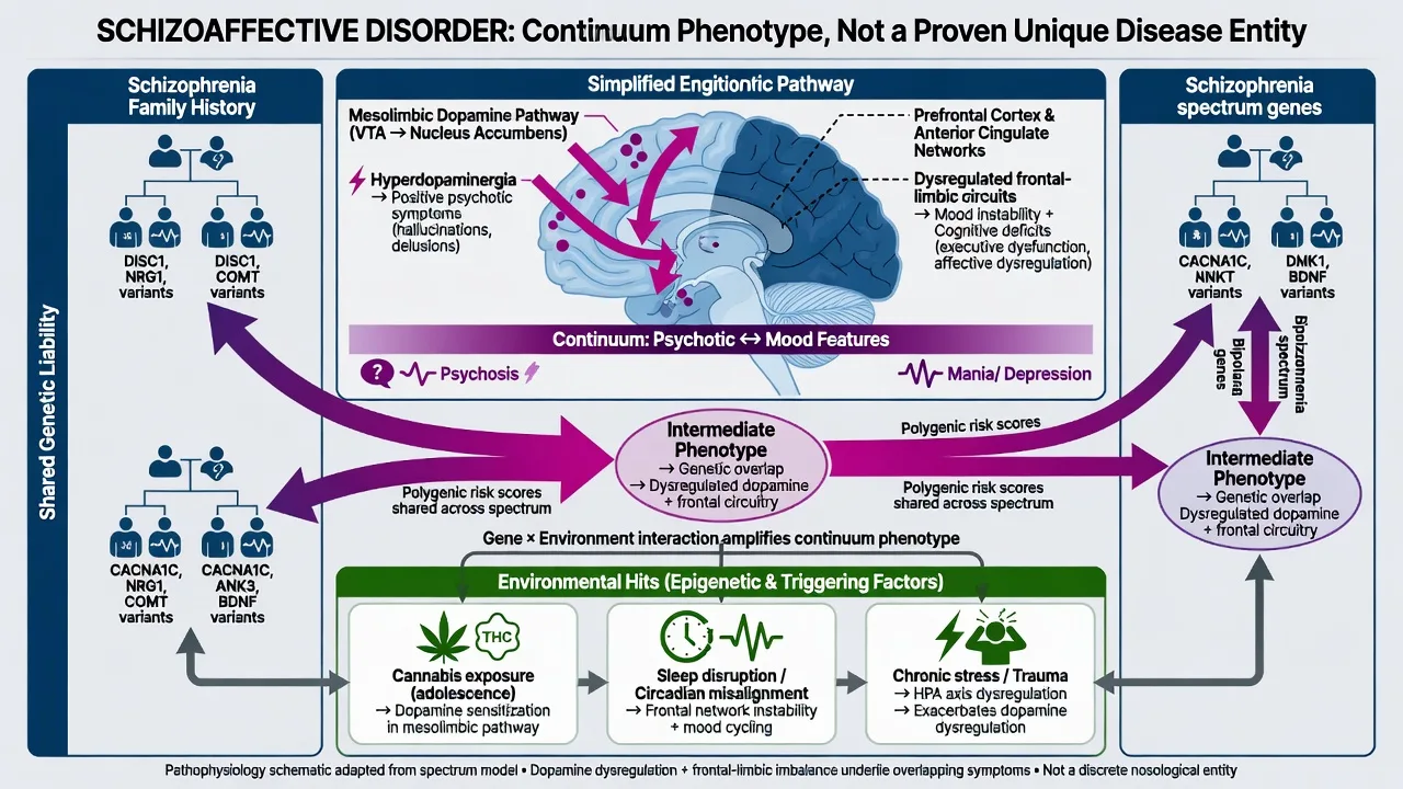 Continuum pathophysiology schematic of psychosis and mood liability converging on schizoaffective phenotype