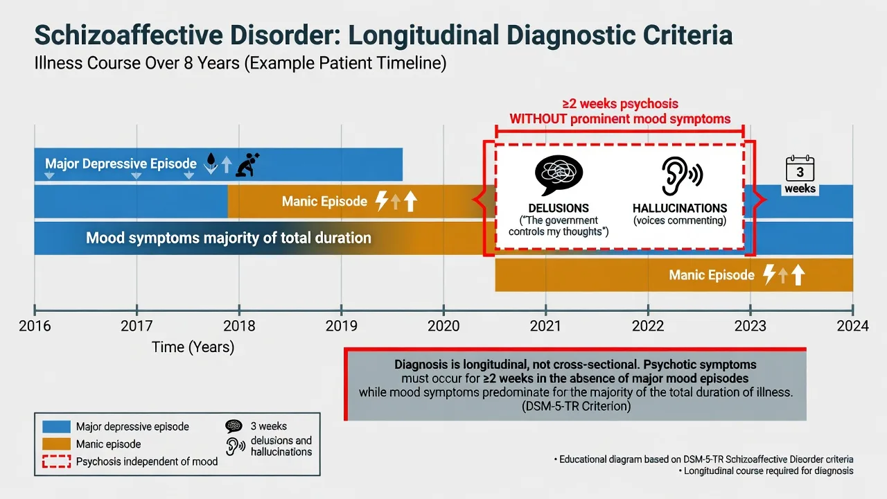 Longitudinal timeline illustrating mood majority and two-week psychosis without mood criteria