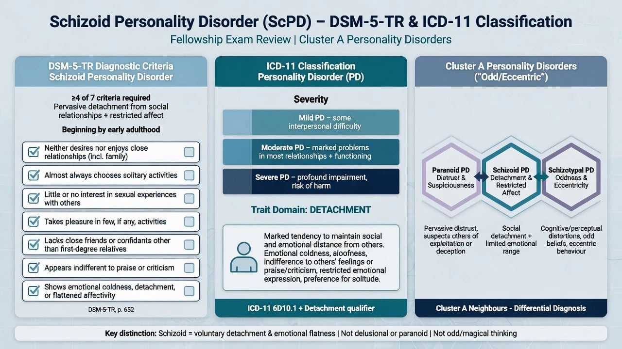 Three-column classification diagram comparing DSM-5-TR ScPD criteria, ICD-11 severity and detachment trait domain, and Cluster A neighbours