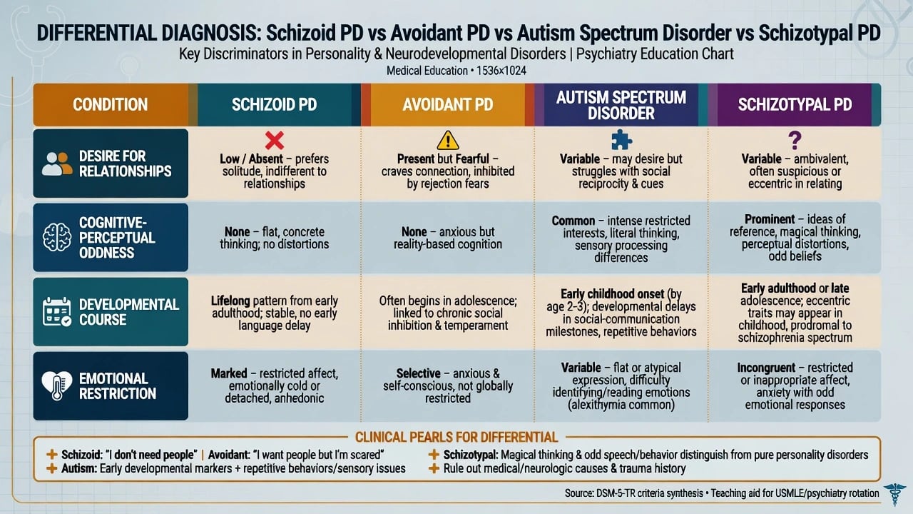 Four-column comparison of schizoid PD versus avoidant PD versus autism spectrum disorder versus schizotypal PD