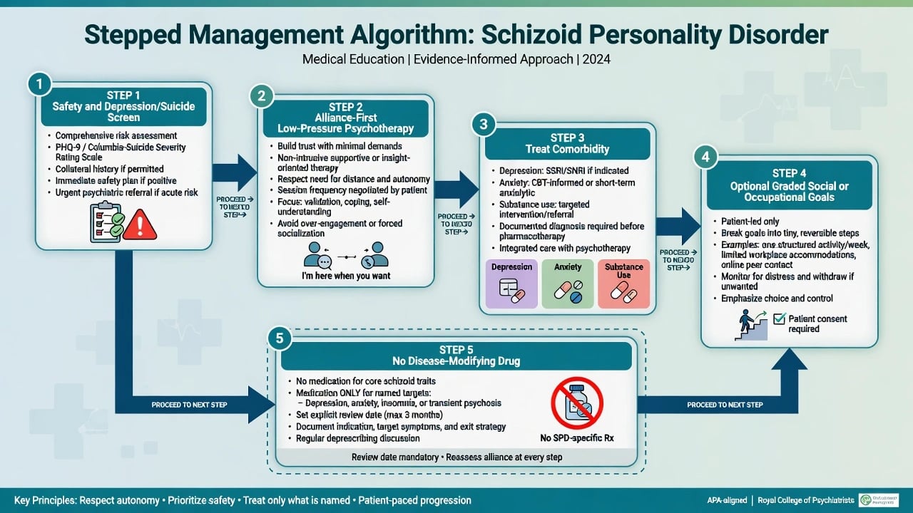 Five-step management algorithm for schizoid personality disorder from safety through alliance psychotherapy comorbidity optional social goals and medication limits