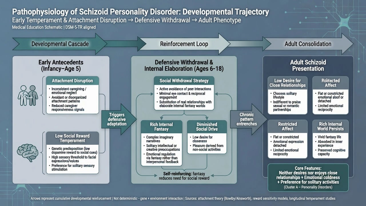Developmental timeline from early temperament and attachment disruption through fantasy-supported withdrawal to adult low-desire detachment
