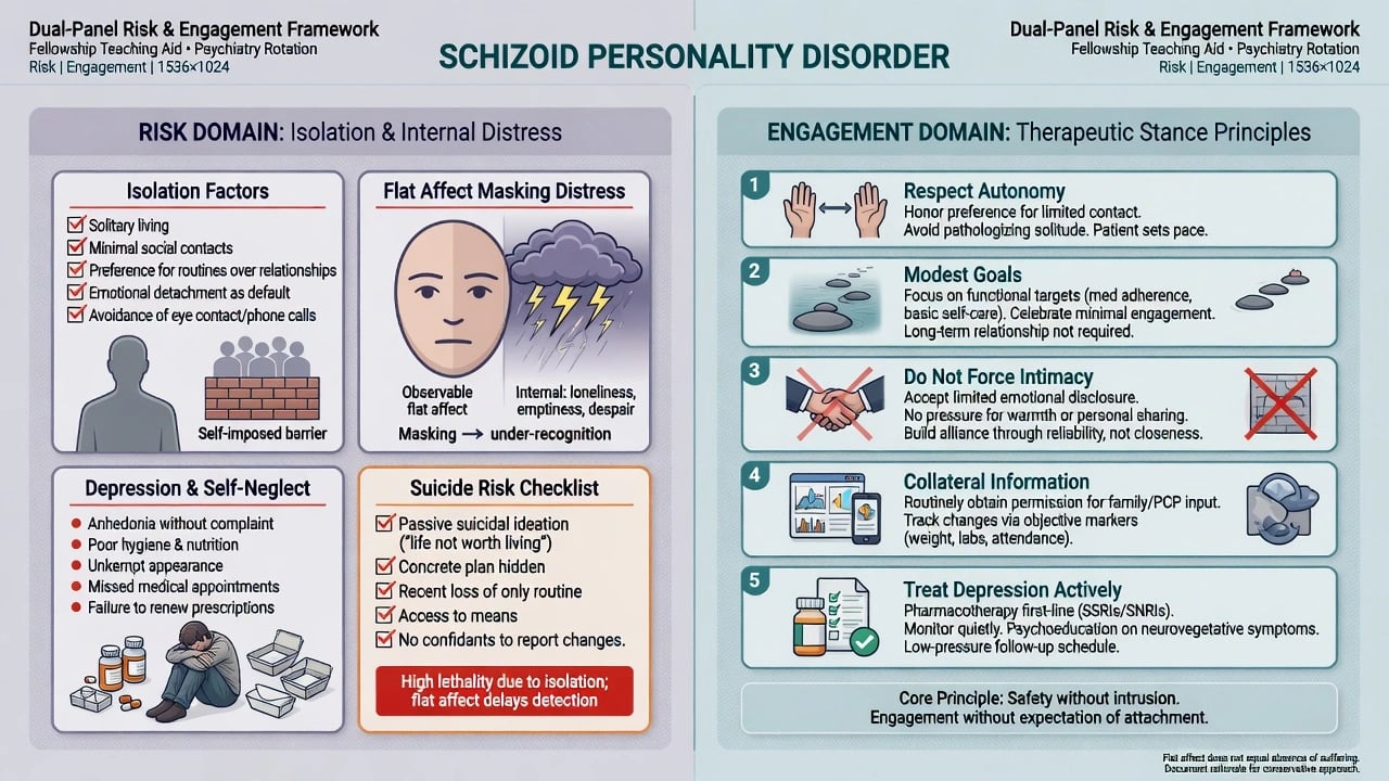 Dual panel algorithm of isolation-related risk factors and low-pressure therapeutic engagement principles for schizoid personality disorder