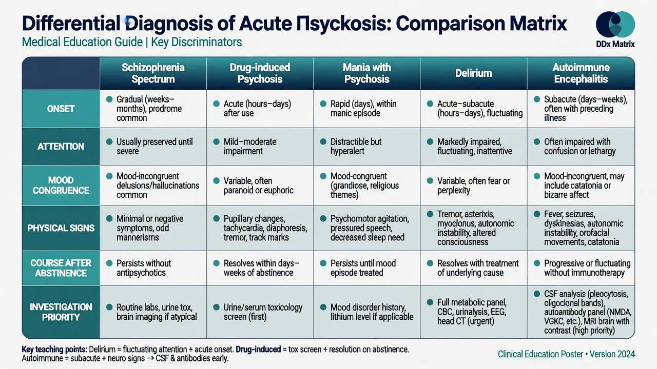Differential comparison board for acute psychosis