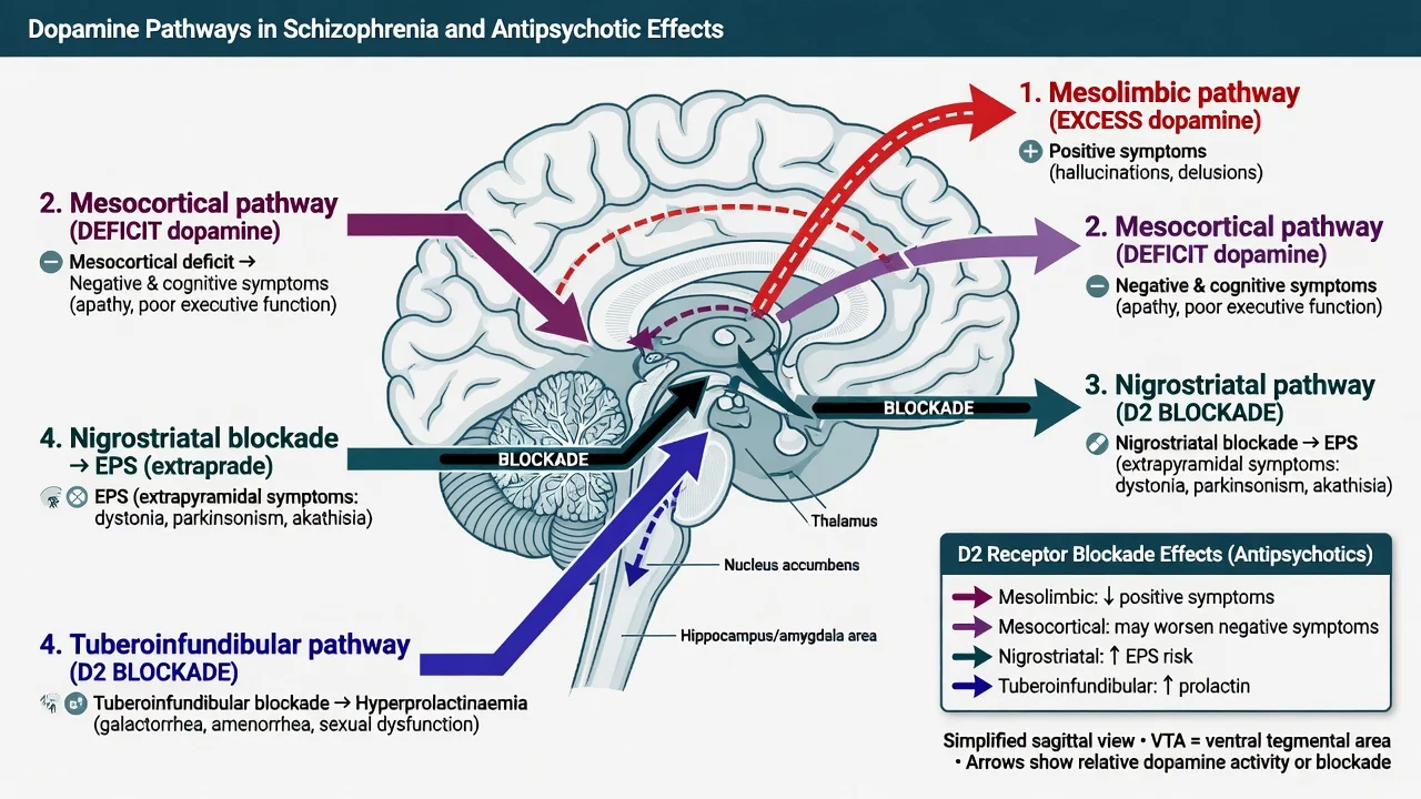 Four dopamine pathways and clinical effects of D2 blockade