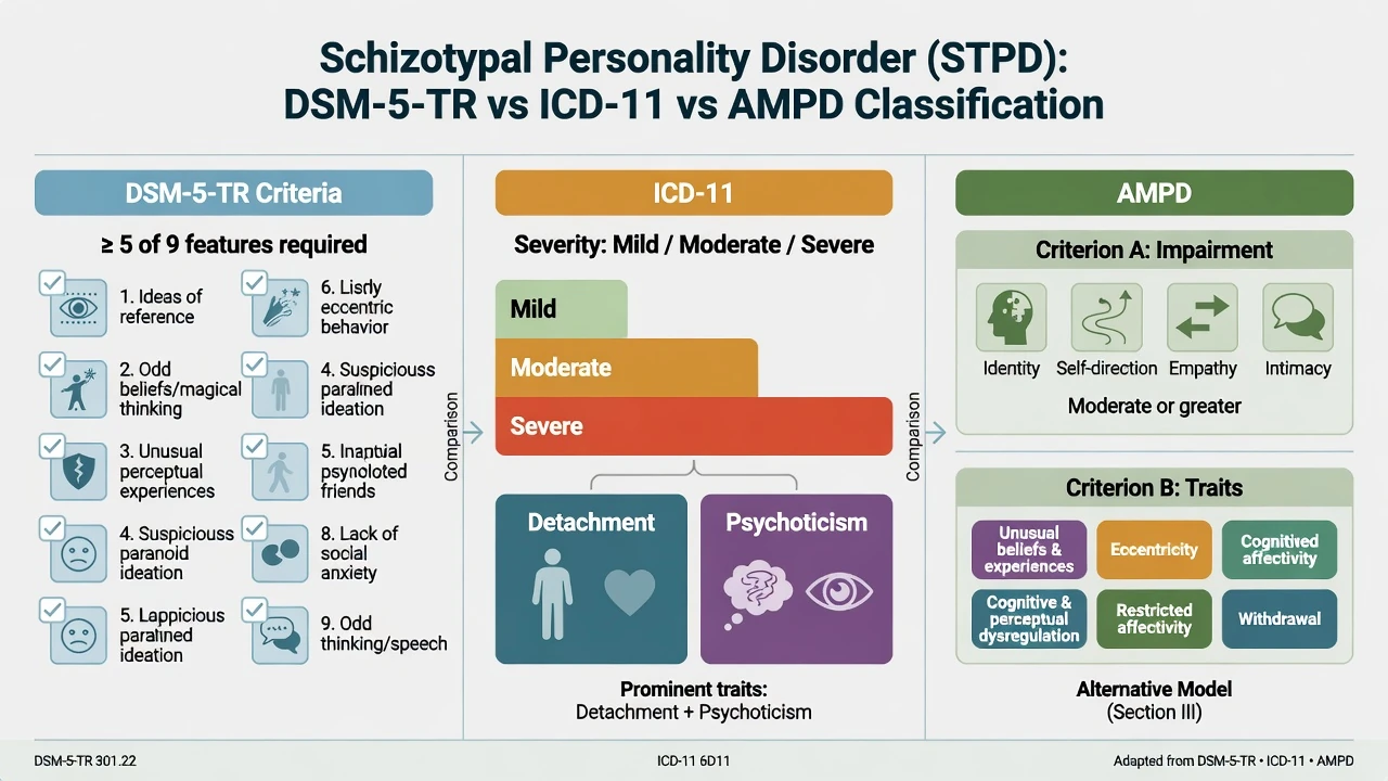 Three-column comparison of DSM-5-TR STPD criteria threshold, ICD-11 severity with detachment and psychoticism traits, and AMPD Criterion A and B