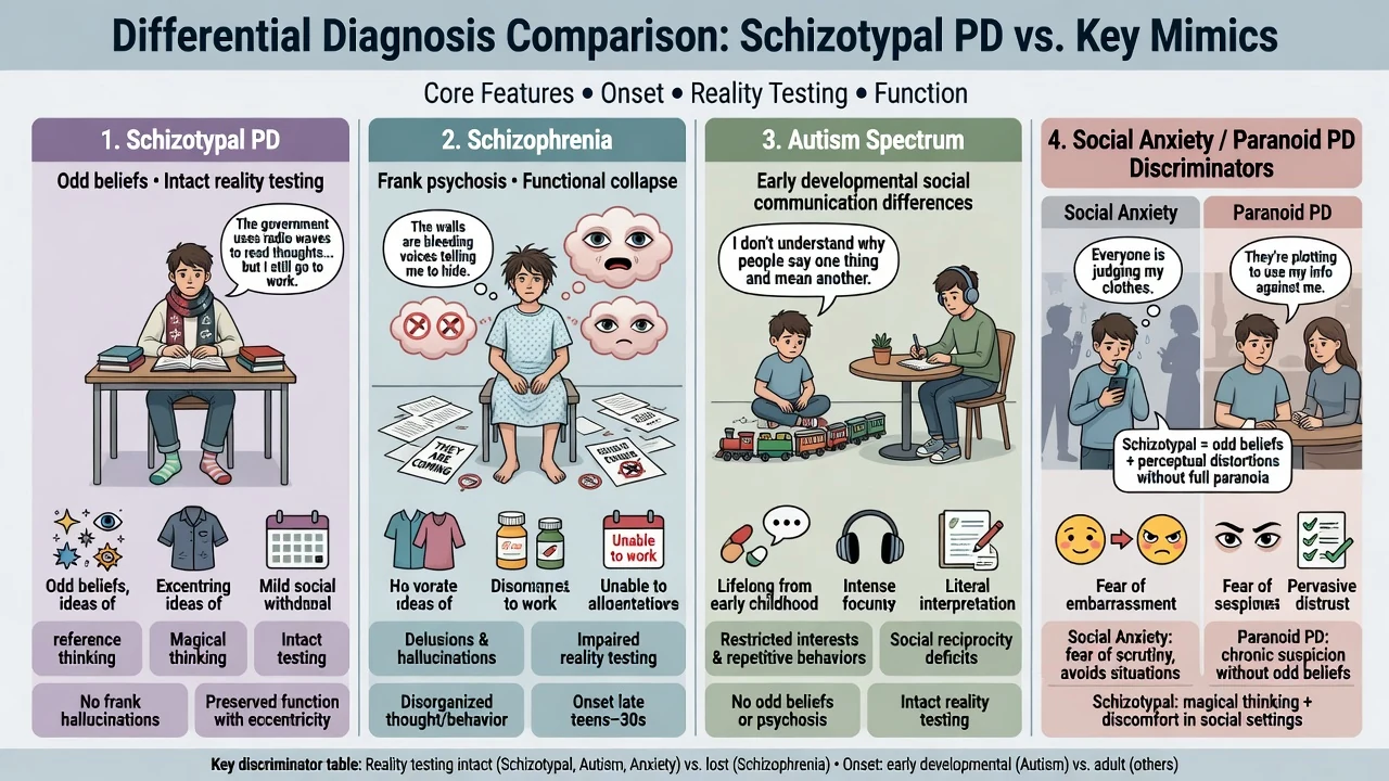 Four-panel differential comparison of schizotypal PD versus schizophrenia versus autism spectrum versus social anxiety and paranoid PD