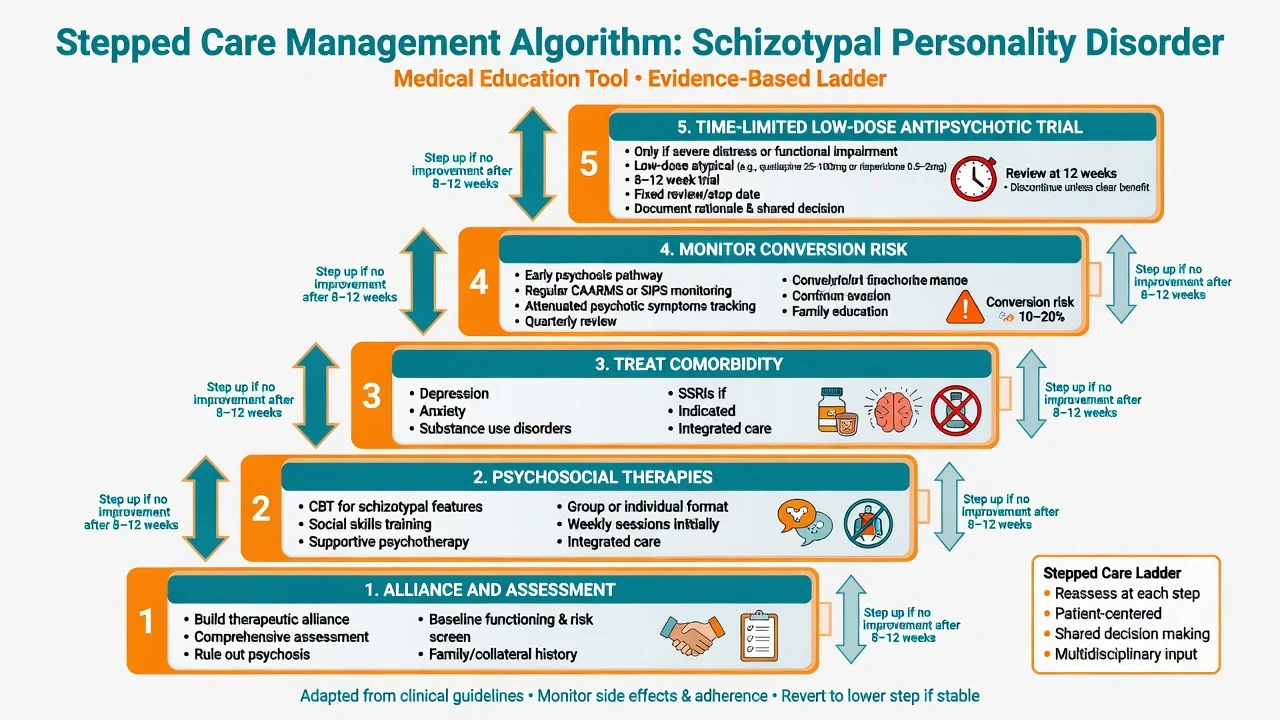 Stepped care management ladder for schizotypal PD from alliance and assessment through psychosocial therapies comorbidity treatment conversion monitoring and time-limited low-dose antipsychotic trial