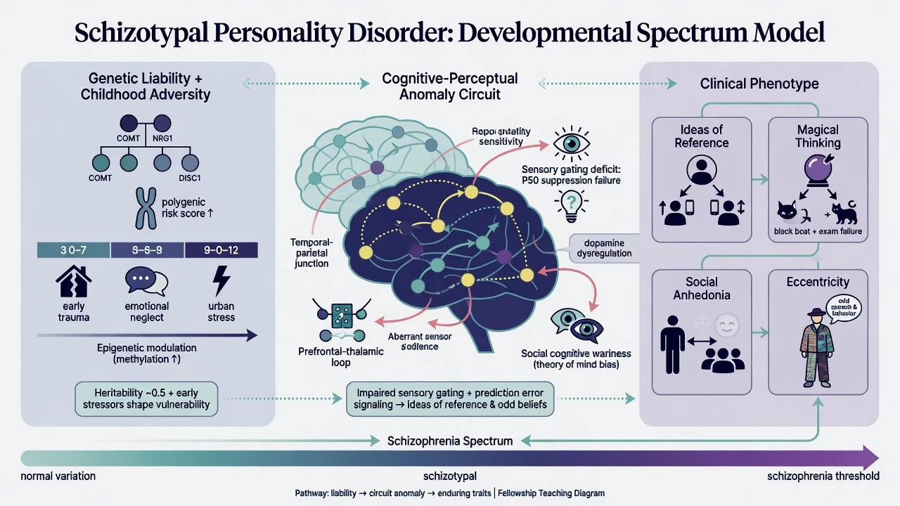 Developmental spectrum model from genetic liability and adversity through cognitive-perceptual anomaly circuits to clinical phenotype of ideas of reference magical thinking social anhedonia eccentricity