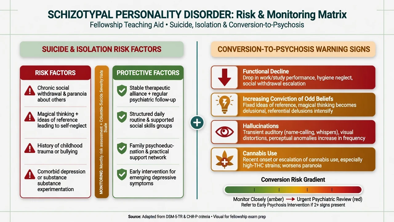 Risk and monitoring matrix showing suicide and isolation risk factors protective factors and conversion-to-psychosis warning signs