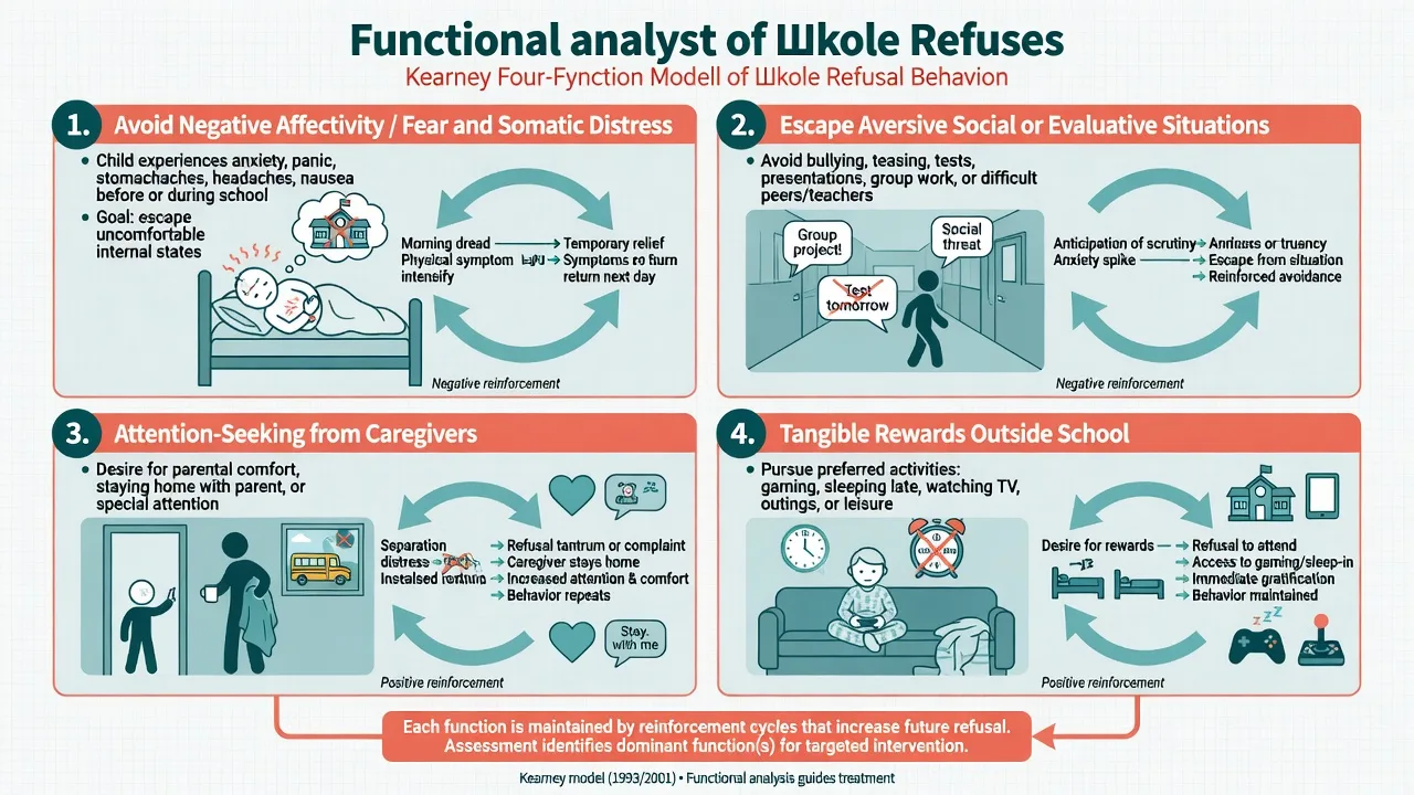 Kearney four-function model of school refusal: avoid negative affectivity, escape social evaluative situations, attention seeking, tangible rewards outside school