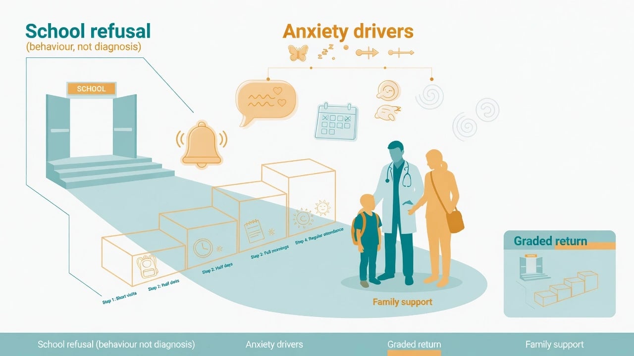Educational overview of school refusal and school anxiety with graded return to school pathway and family clinician support