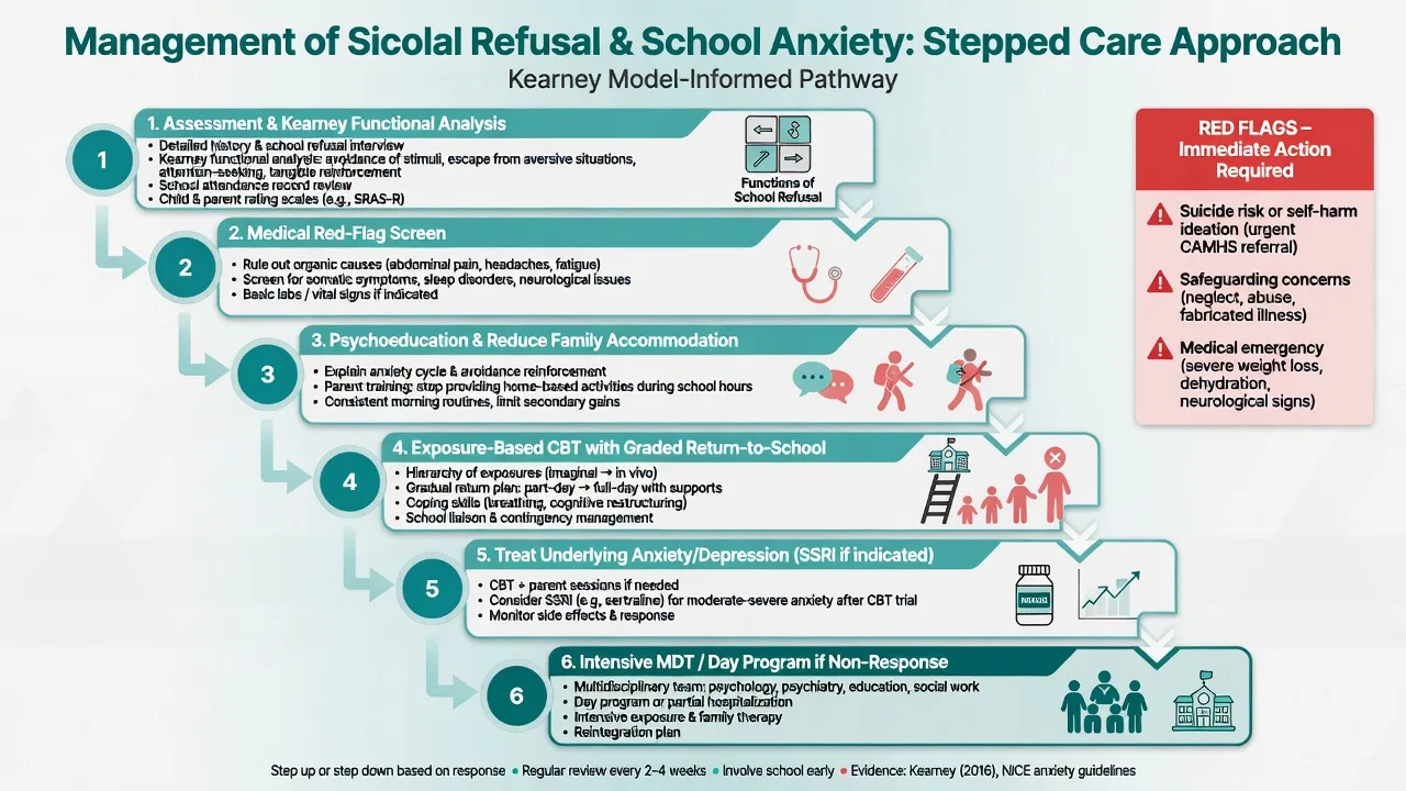 Stepped care algorithm for school refusal from assessment and CBT graded return to SSRI and intensive MDT care with red flags