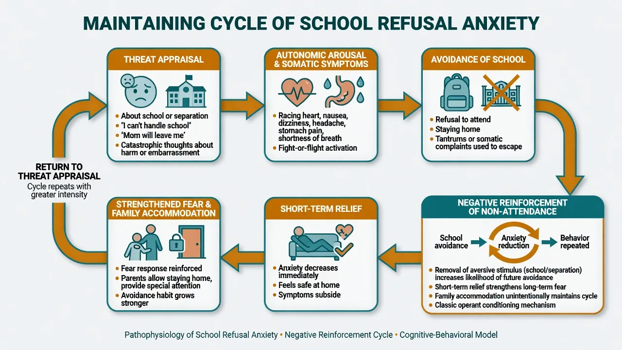 Avoidance cycle in school refusal: threat appraisal, autonomic arousal, school avoidance, short-term relief, strengthened fear and family accommodation
