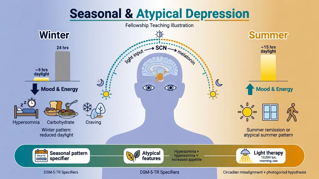 Seasonal and atypical depression overview with winter-summer cycle and light pathway