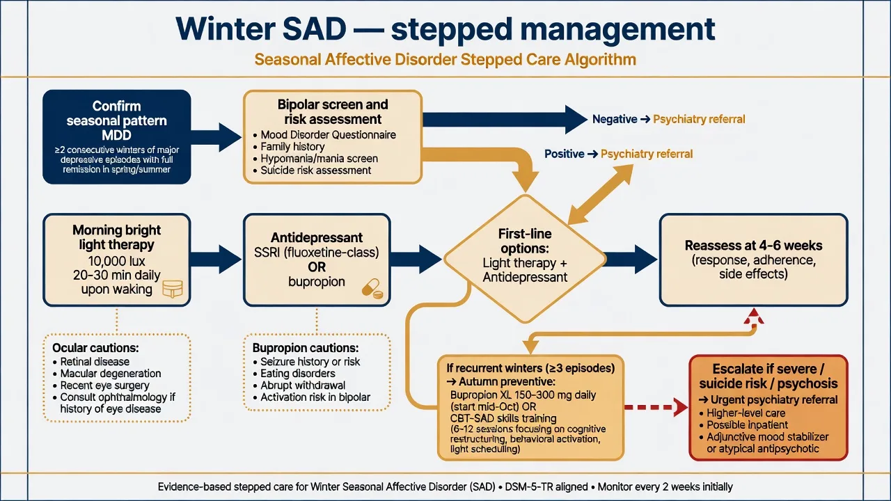 Stepped algorithm for winter SAD from diagnosis through light therapy, antidepressants, prevention and escalation