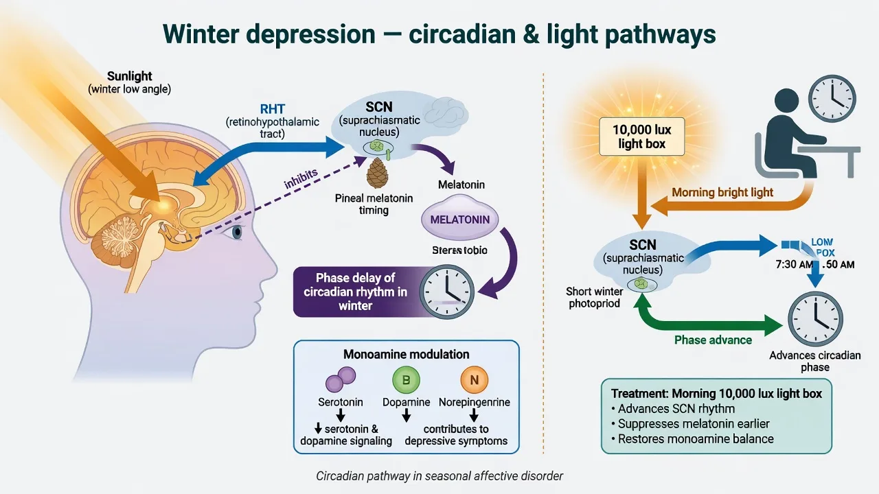 Retinohypothalamic tract, SCN, melatonin and morning light phase-advance model of winter depression