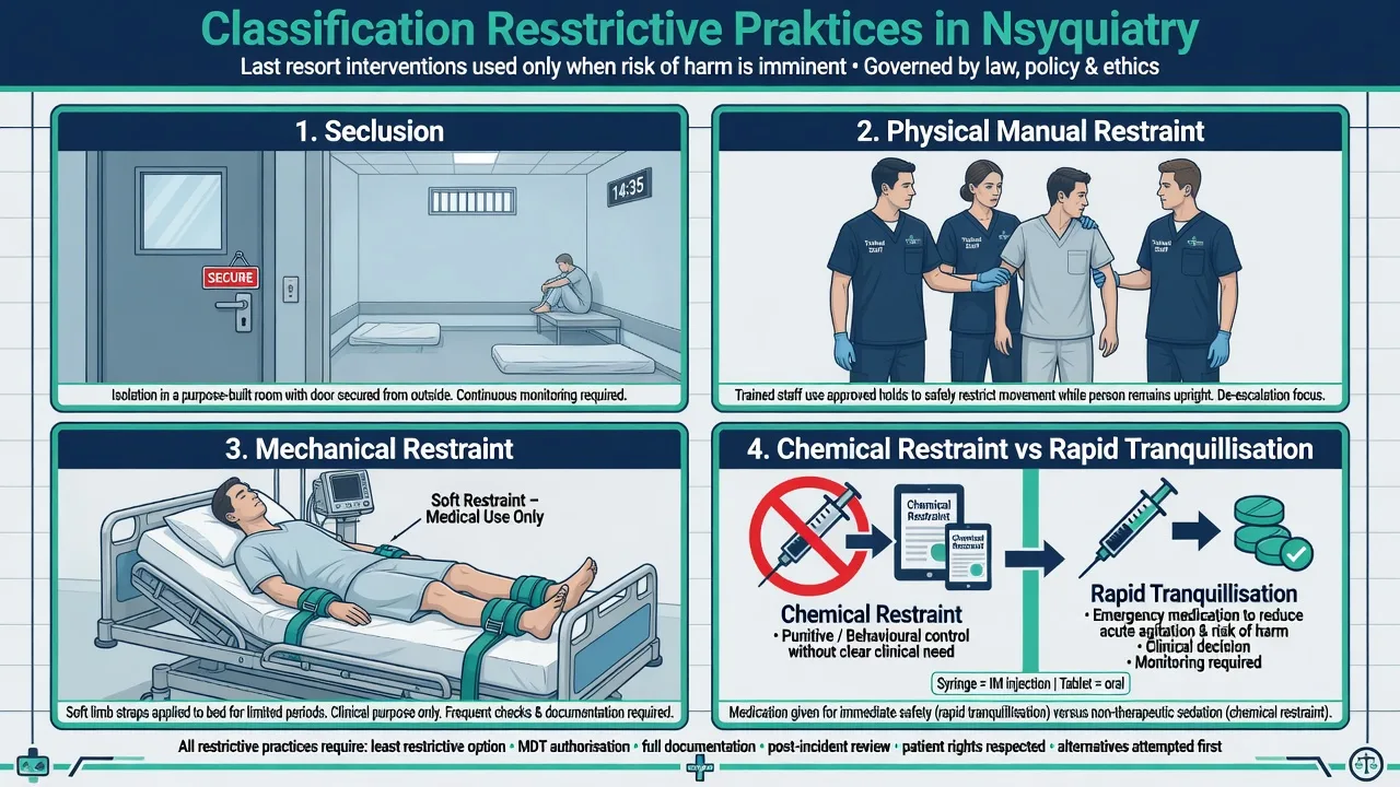 Four-panel classification of seclusion, physical restraint, mechanical restraint, and chemical restraint versus rapid tranquillisation