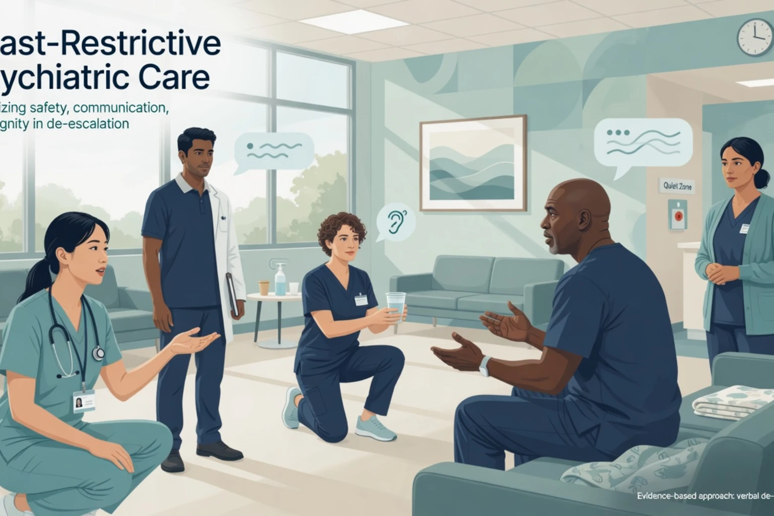 Clinical team using calm verbal de-escalation with an agitated inpatient on a modern psychiatric ward