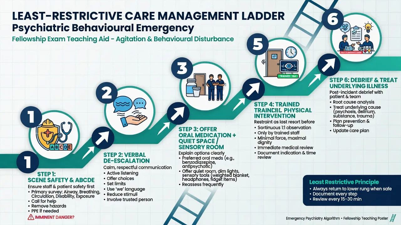 Stepwise least-restrictive ladder from scene safety and de-escalation through oral options to last-resort seclusion and debrief