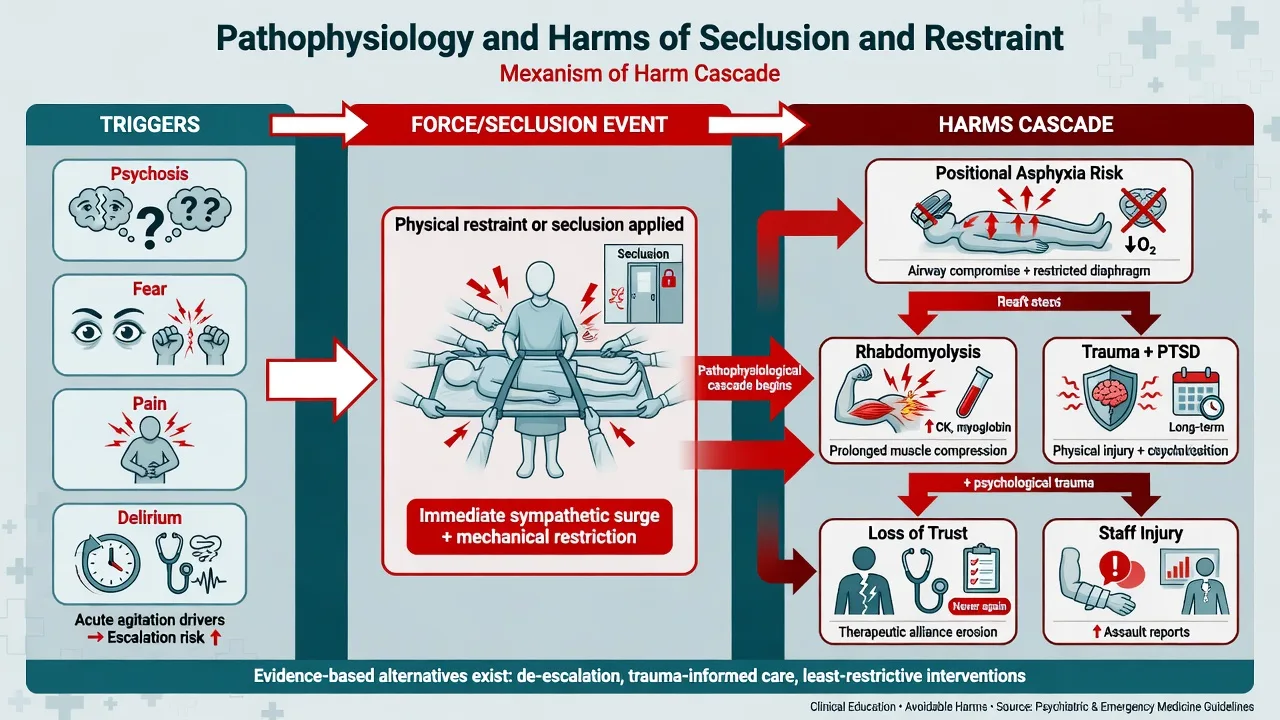 Flow diagram from crisis triggers through force or seclusion to physical and psychological harms including trauma and trust loss