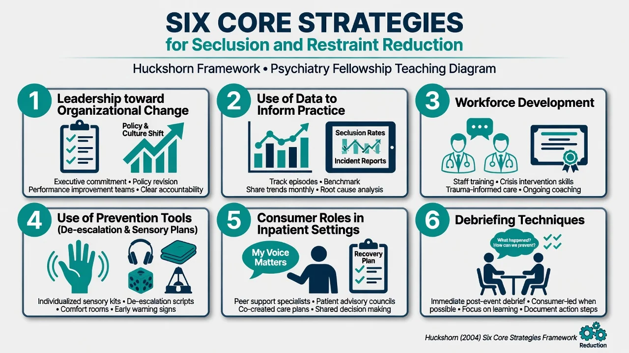 Six Core Strategies panels for leadership, data, workforce, prevention tools, consumer roles, and debriefing
