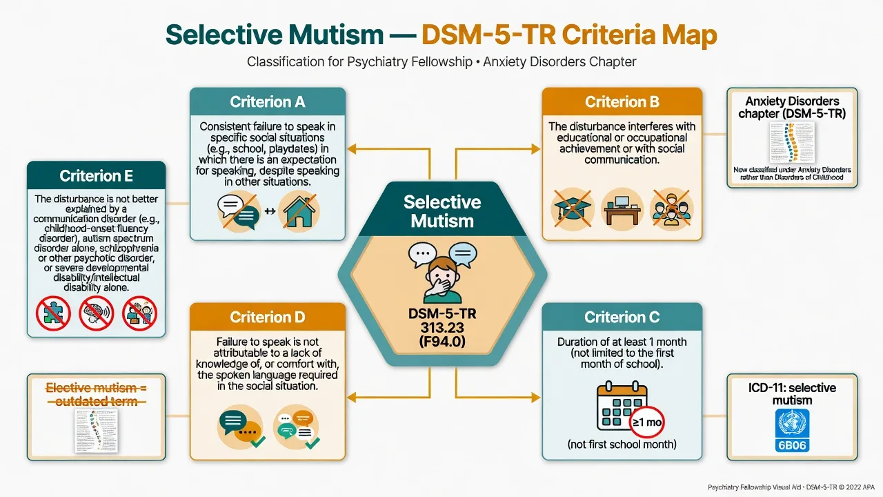DSM-5-TR selective mutism criteria map with duration and exclusion cards