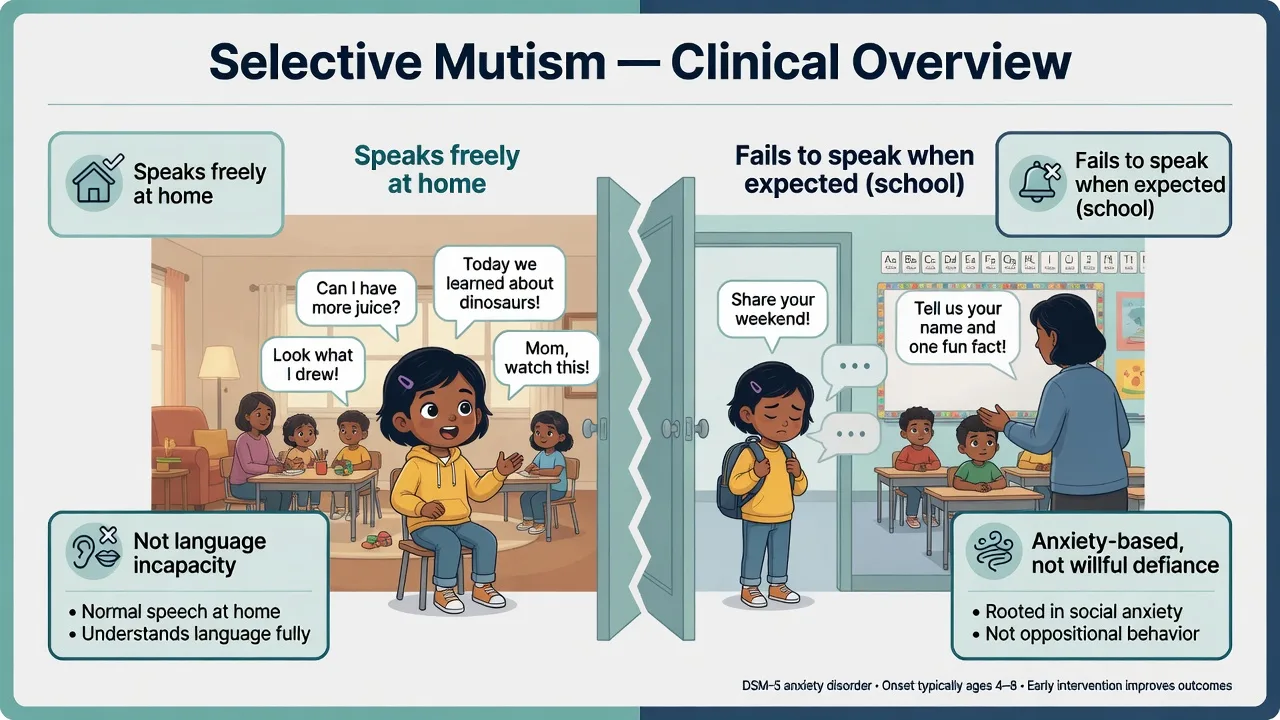 Educational overview diagram of selective mutism showing speech at home versus silence at school with anxiety-based labels