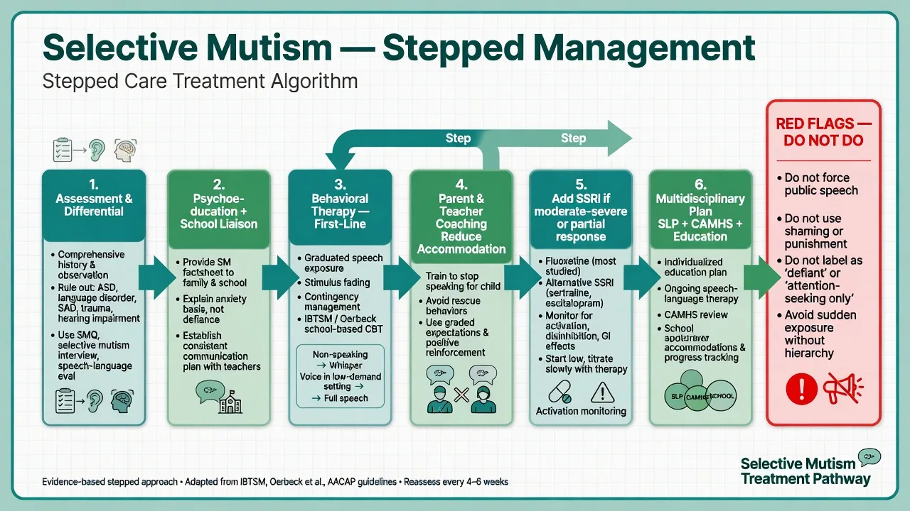 Stepped management algorithm for selective mutism from assessment through behavioural therapy school plan to SSRI adjunct