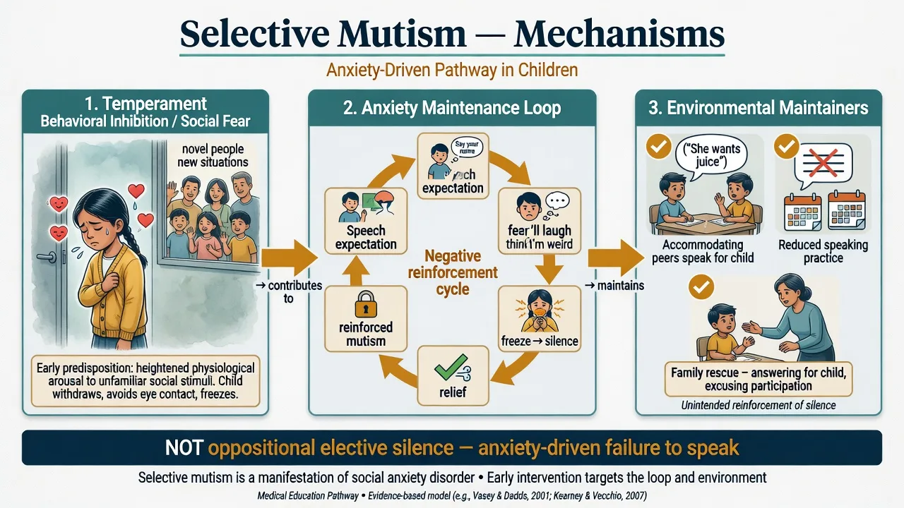 Three-panel mechanism diagram of behavioural inhibition, speech-expectation anxiety loop, and accommodation maintenance in selective mutism