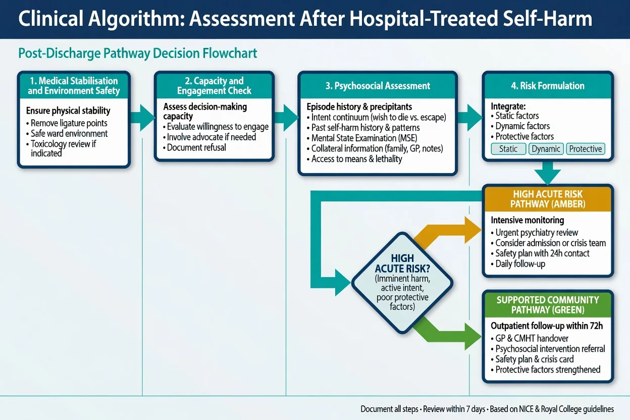 Flowchart from medical stabilisation through psychosocial assessment to high-risk versus supported community pathways