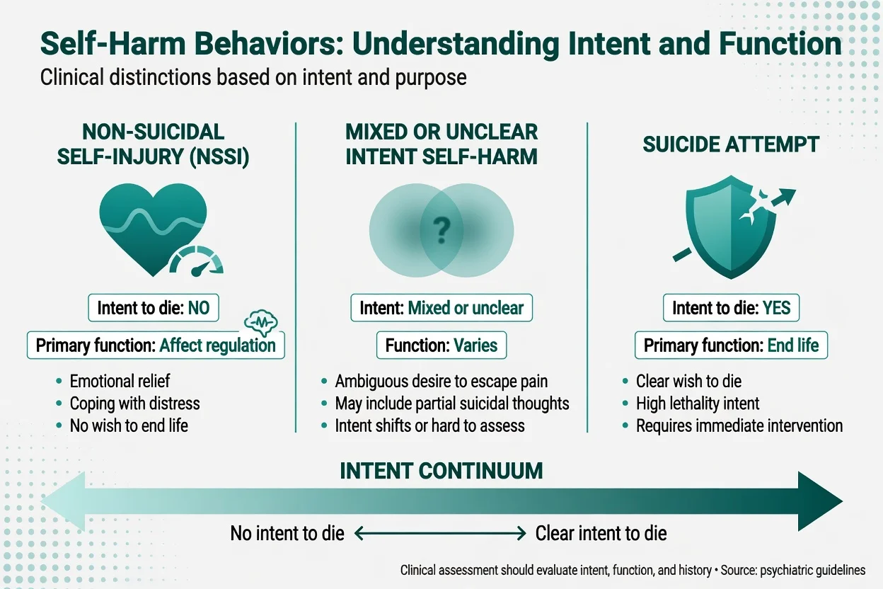 Three-panel continuum comparing NSSI, mixed or unclear intent self-harm, and suicide attempt by intent and function