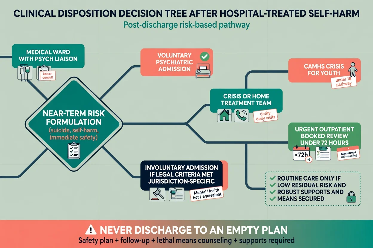Disposition decision tree from near-term risk formulation to medical ward, admission pathways, crisis teams, CAMHS, and urgent outpatient