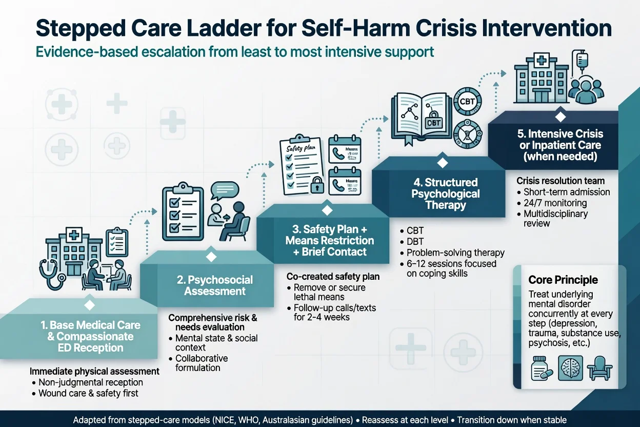 Stepped care ladder from medical ED care through psychosocial assessment, safety plan, therapy, to intensive crisis or inpatient care