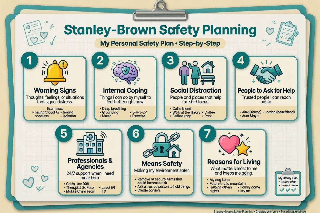 Seven-step Stanley-Brown safety planning card with warning signs, coping, people, professionals, means safety, and reasons for living