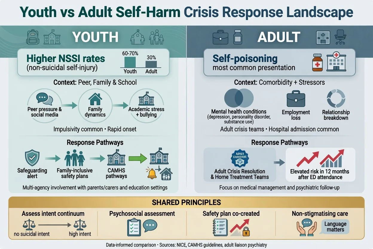 Side-by-side youth versus adult self-harm crisis response comparison with shared care principles