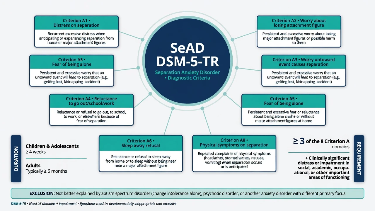 DSM-5-TR separation anxiety disorder hub with eight symptom domain cards and child versus adult duration thresholds