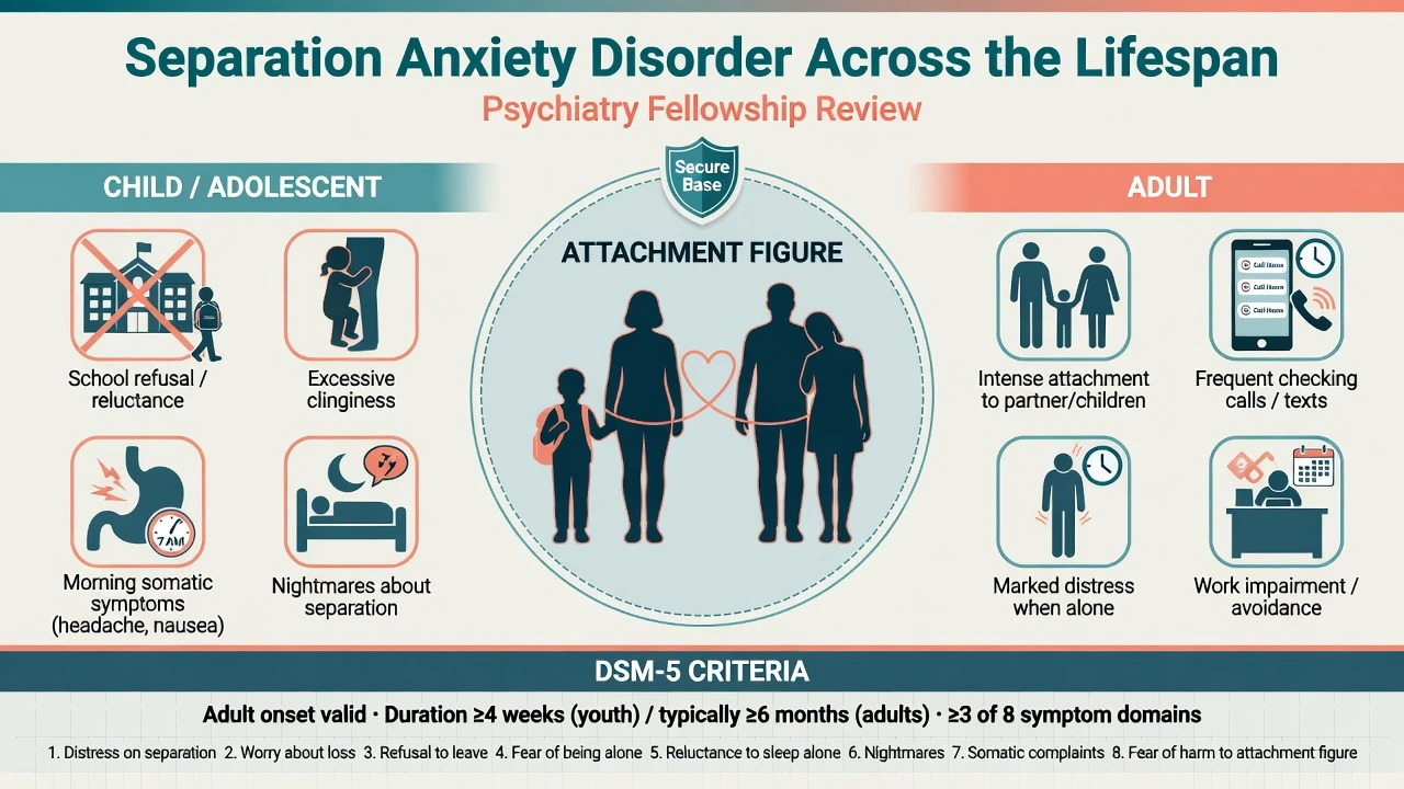 Lifespan educational diagram of separation anxiety disorder showing child and adult attachment presentations with duration thresholds