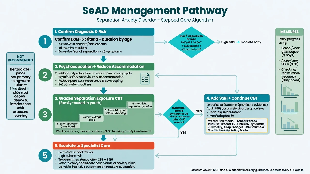 Stepped management algorithm for separation anxiety disorder from criteria confirmation through CBT exposure, SSRI addition, and specialist escalation