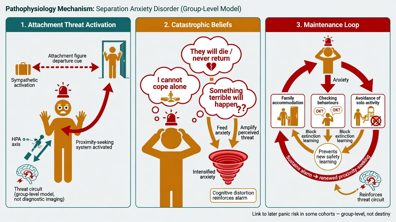 Three-panel mechanism diagram of attachment threat activation, catastrophic beliefs, and accommodation-checking maintenance loop in separation anxiety disorder