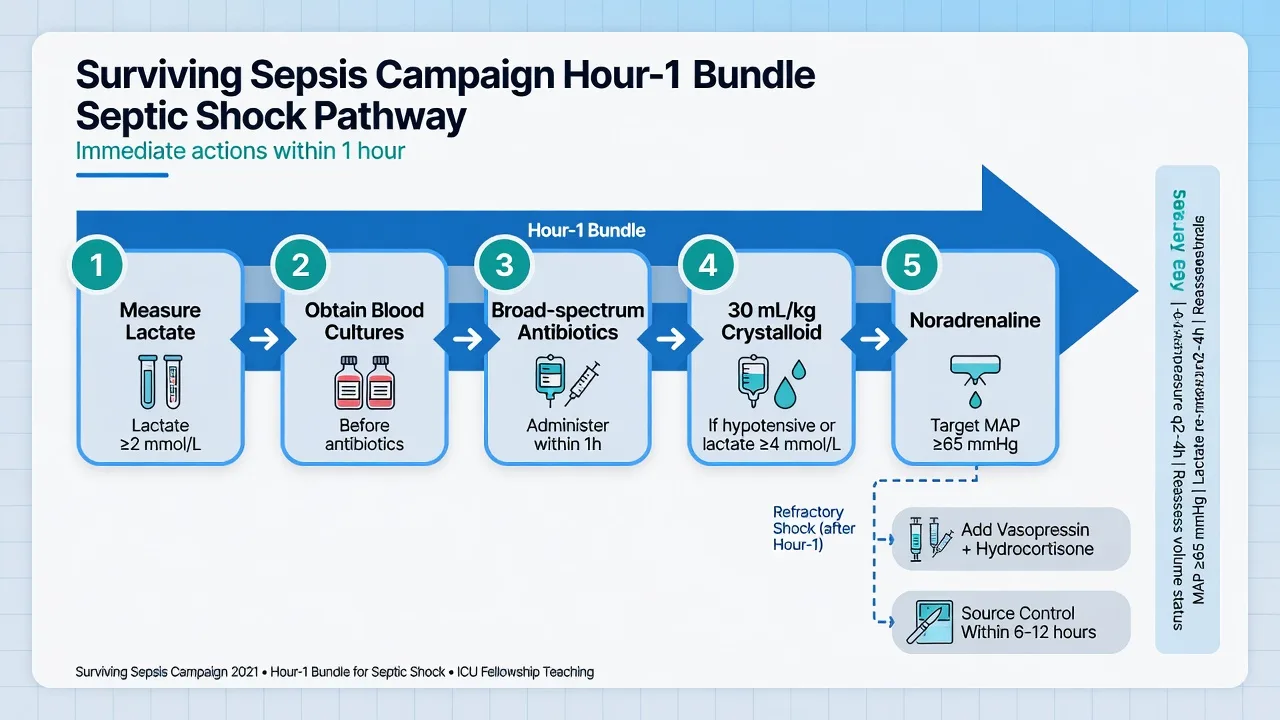 SSC 2021 Hour-1 bundle flowchart: measure lactate, blood cultures, broad-spectrum antibiotics, crystalloid bolus, noradrenaline for MAP ≥65, with refractory-shock branch for vasopressin, hydrocortisone, and source control