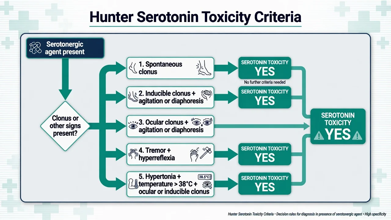Hunter Serotonin Toxicity Criteria decision flowchart with five diagnostic pathways in the presence of a serotonergic agent