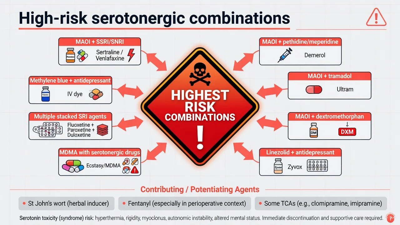 High-risk serotonergic drug combination map including MAOI with SSRI tramadol pethidine dextromethorphan linezolid and methylene blue