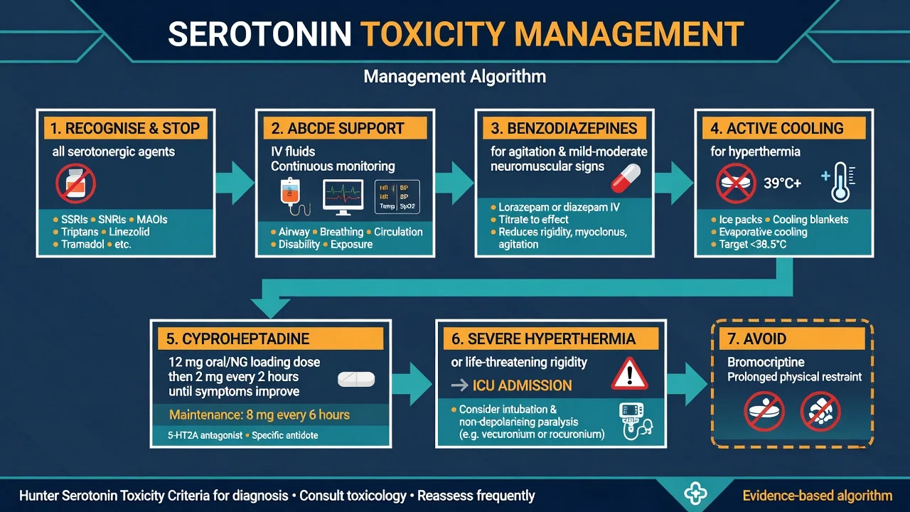 Serotonin toxicity management algorithm from stop serotonergic agents through benzodiazepines cooling cyproheptadine and ICU care