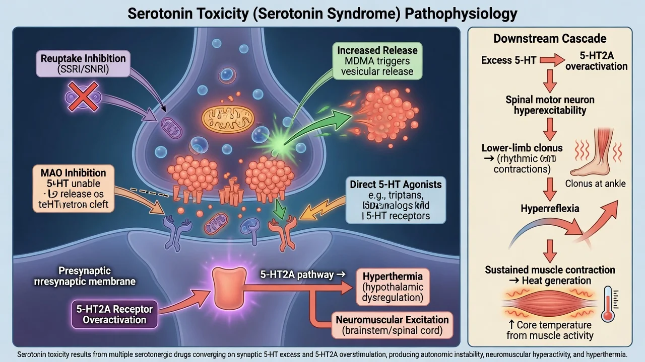 Synaptic diagram of excess serotonin from reuptake inhibition MAO inhibition increased release and agonists with 5-HT2A pathway to hyperthermia and clonus