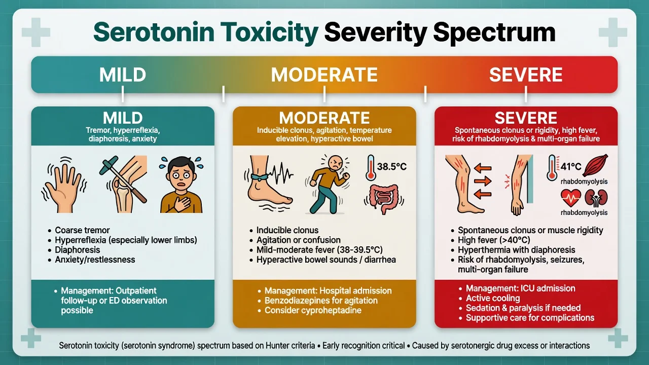 Serotonin toxicity severity spectrum from mild tremor and hyperreflexia through moderate clonus and agitation to severe hyperthermia and rigidity needing ICU