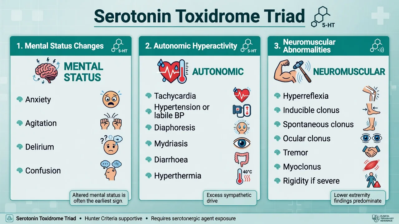 Three-panel serotonin toxidrome triad of mental status autonomic hyperactivity and neuromuscular abnormalities