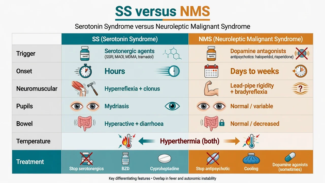 Side-by-side comparison of serotonin syndrome and neuroleptic malignant syndrome triggers onset neuromuscular findings and treatment