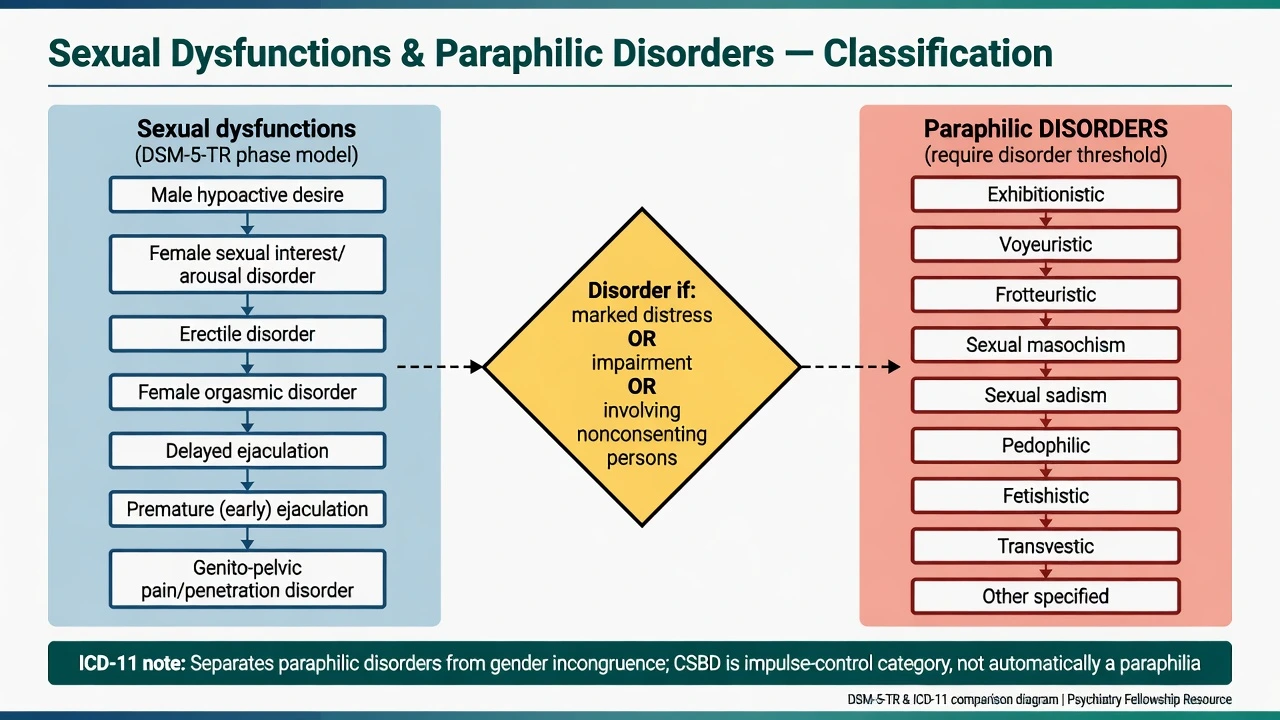 Classification of sexual dysfunctions by phase and paraphilic disorders requiring distress impairment or nonconsent threshold