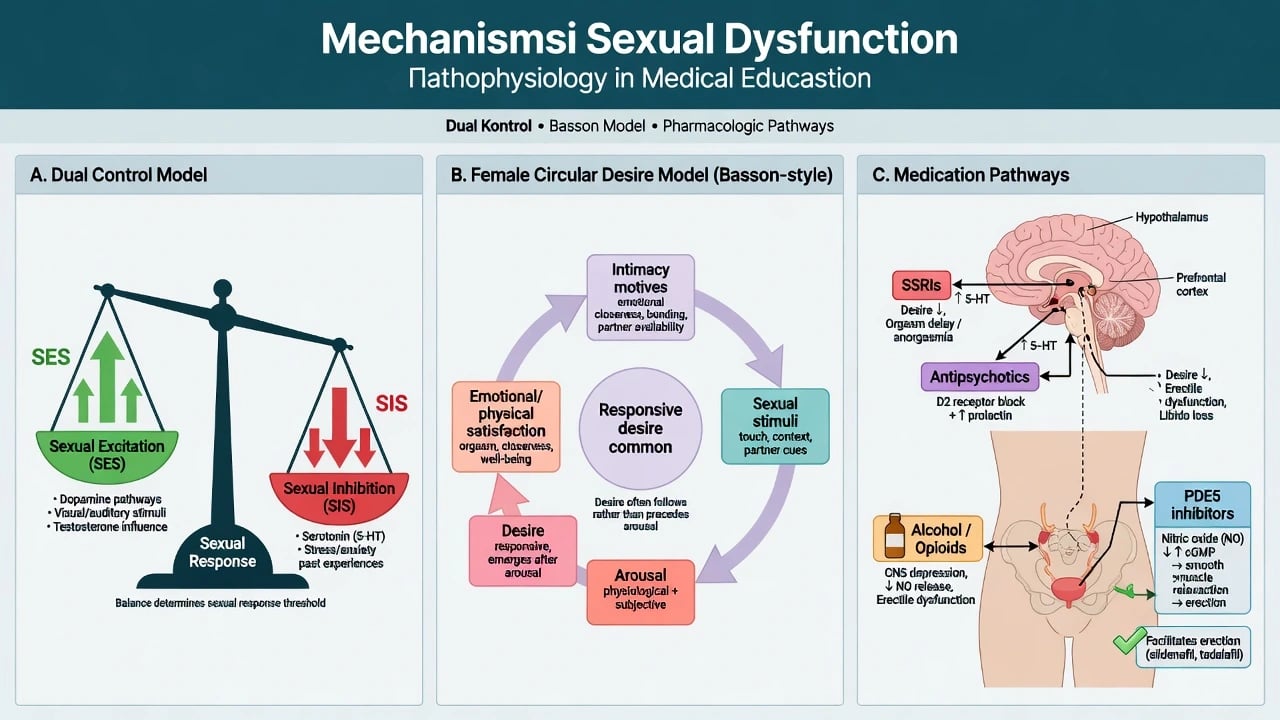Dual control model, Basson circular desire model, and medication pathways affecting sexual function